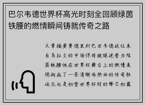 巴尔韦德世界杯高光时刻全回顾绿茵铁腰的燃情瞬间铸就传奇之路