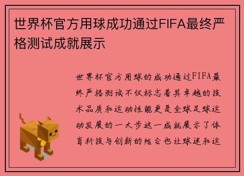 世界杯官方用球成功通过FIFA最终严格测试成就展示 世界杯官方用球成功通过FIFA最终严格测试成就展示